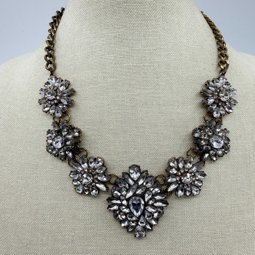 Statement Floral Rhinestone Necklace Chunky Bronze Tone Chain Festival Jewelry